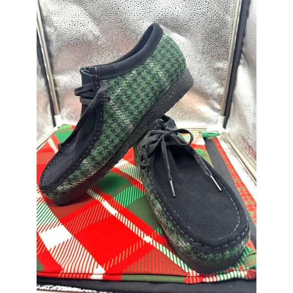 Clarks Originals Wallabee Shoes Mens 10 Green Wool Houndstooth‎ Plaid Tweed